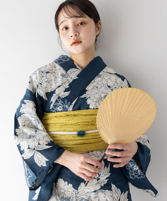 こだわり 浴衣 5点セット (浴衣/帯/下駄/腰紐/着付け冊子) 麻混 綿麻 ネイビー ブルーグリーン 牡丹 ボタン