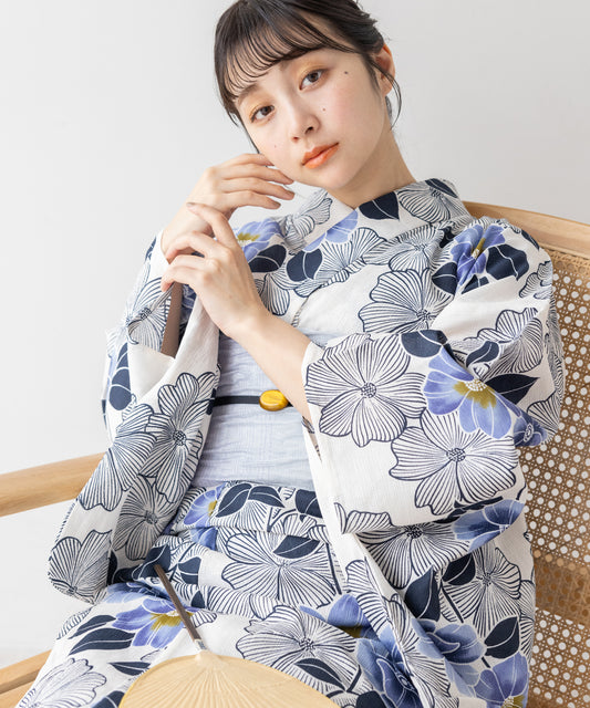 こだわり浴衣5点セット (浴衣/帯/下駄/腰紐/着付け冊子) 麻混 綿麻 楊柳生地 ブルー ホワイト系 椿 つばき