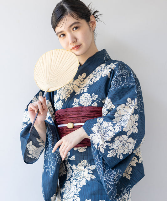 こだわり 浴衣 5点セット (浴衣/帯/下駄/腰紐/着付け冊子) 麻混 綿麻 ネイビー ブルーグリーン 牡丹 ボタン 菊