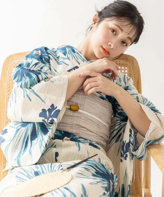 こだわり 浴衣 5点セット (浴衣/帯/下駄/腰紐/着付け冊子) 麻混 綿麻 ブルー 花火 菊