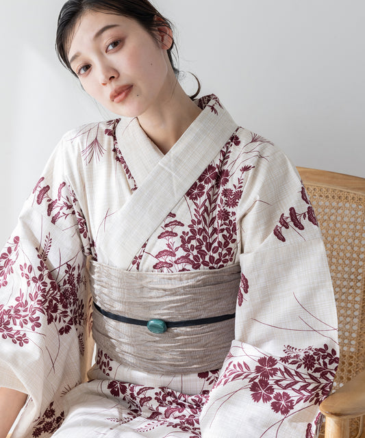 こだわり 浴衣 5点セット (浴衣/帯/下駄/腰紐/着付け冊子) エンジ ホワイト系 撫子