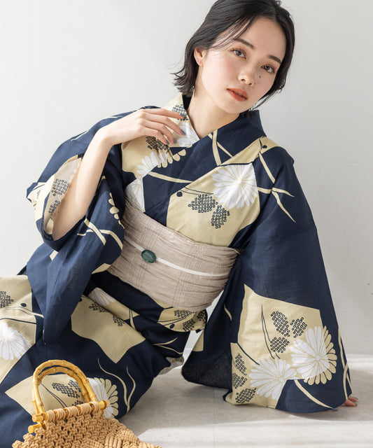 こだわり 浴衣 5点セット (浴衣/帯/下駄/腰紐/着付け冊子) ネイビー 菊