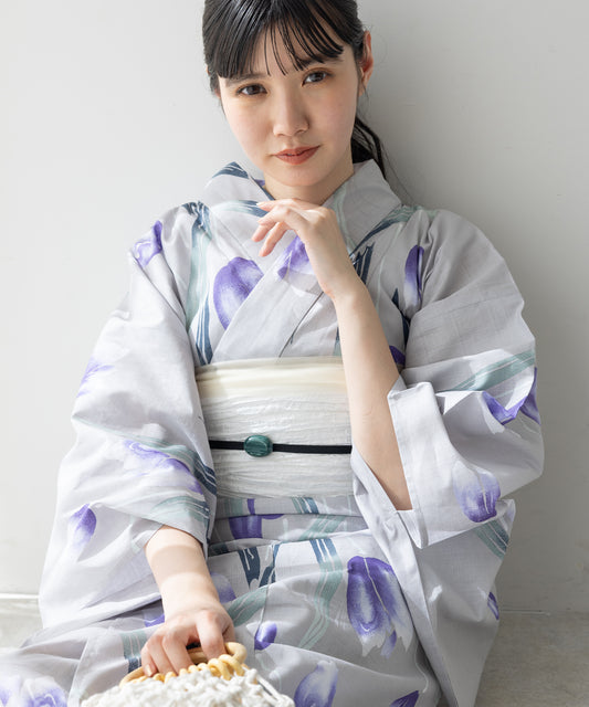 こだわり浴衣 5点セット (浴衣/帯/下駄/腰紐/着付け冊子) 変わり織生地 ライトグレー パープル チューリップ