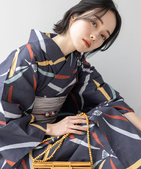 こだわり浴衣5点セット (浴衣/帯/下駄/腰紐/着付け冊子) 変わり織生地 ブラック 黒地