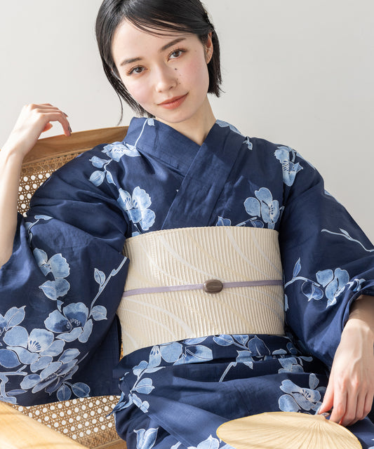 こだわり 浴衣 5点セット (浴衣/帯/下駄/腰紐/着付け冊子) ブルー ネイビー 花柄