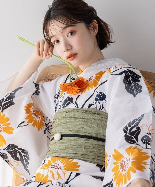 こだわり 浴衣 5点セット (浴衣/帯/下駄/腰紐/着付け冊子) イエロー ホワイト系 ひまわり