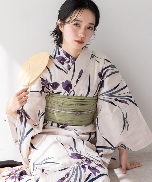 こだわり 浴衣 5点セット (浴衣/帯/下駄/腰紐/着付け冊子) パープル ホワイト系 菖蒲 あやめ