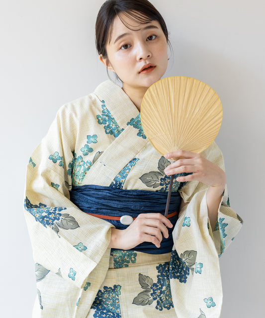 こだわり 浴衣 5点セット (浴衣/帯/下駄/腰紐/着付け冊子) 麻混 綿麻 先染め 生成 ブルー 紫陽花 アジサイ