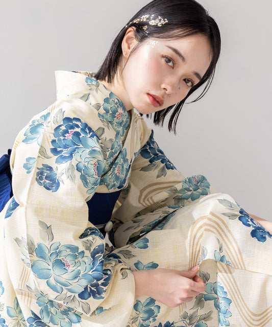 こだわり 浴衣 5点セット (浴衣/帯/下駄/腰紐/着付け冊子) 麻混 綿麻 先染め 生成 ブルー 椿 つばき