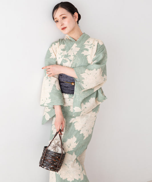 若草色に芍薬 こだわり浴衣5点セット (浴衣/帯/下駄/腰紐/着付け冊子)