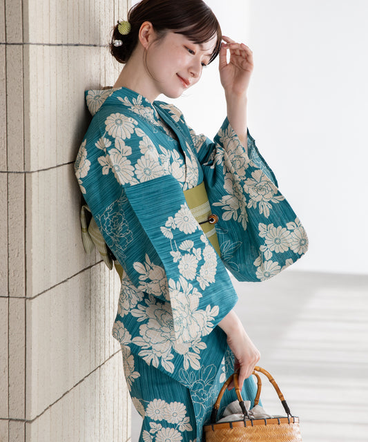 薄藍の花涼み こだわり浴衣5点セット (浴衣/帯/下駄/腰紐/着付け冊子)