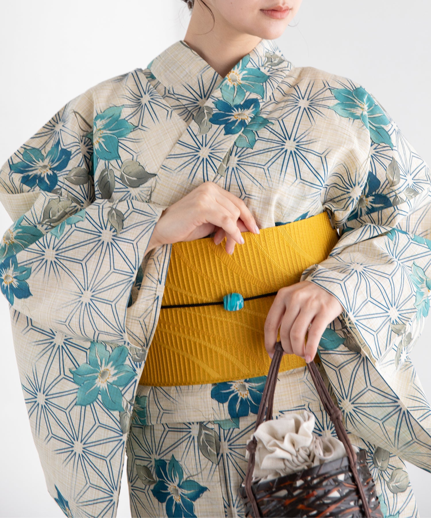 青涼の古典花文 こだわり浴衣5点セット (浴衣/帯/下駄/腰紐/着付け冊子