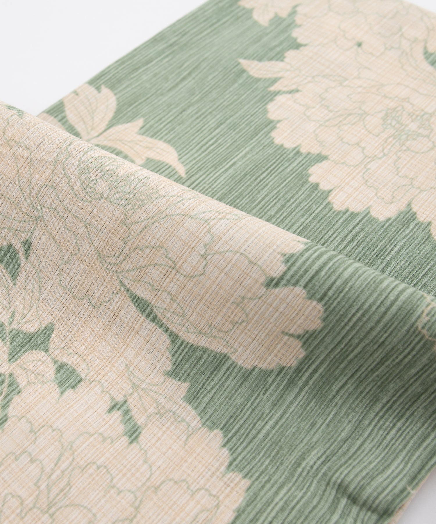 こだわり浴衣5点セット (浴衣/帯/下駄/腰紐/着付け冊子) ※レース兵児帯は別売り 麻混 綿麻 楊柳生地 グリーン ライトグリーン 牡丹 ボタン