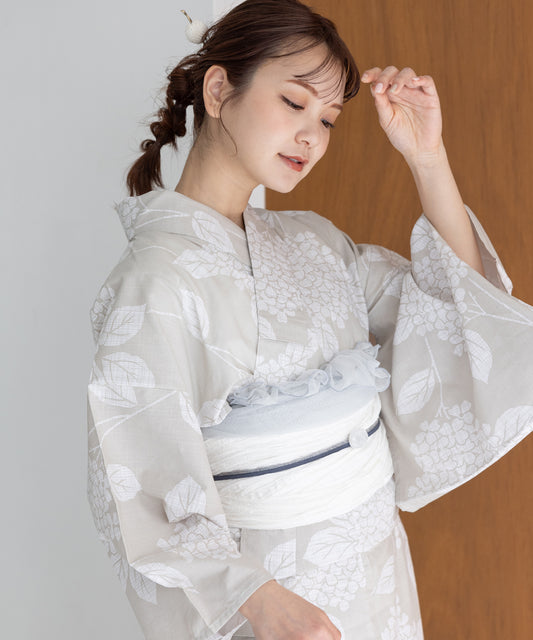 こだわり浴衣 5点セット (浴衣/帯/下駄/腰紐/着付け冊子) ※レース兵児帯は別売り 変わり織生地 クリーム ベージュ 紫陽花