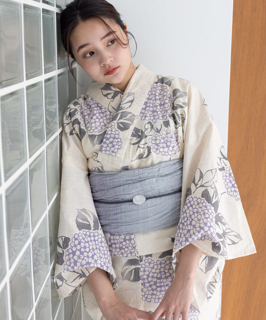 こだわり浴衣5点セット (浴衣/帯/下駄/腰紐/着付け冊子) 変わり織生地 パープル ラベンダー 紫陽花