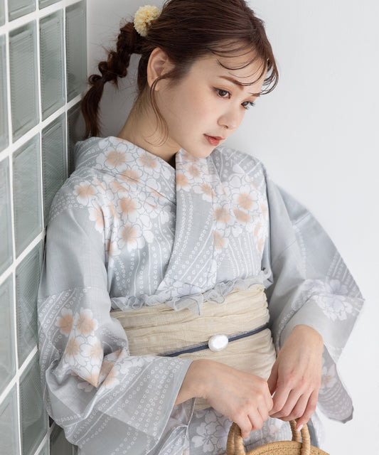 こだわり浴衣5点セット (浴衣/帯/下駄/腰紐/着付け冊子) 変わり織生地 ライトブルー