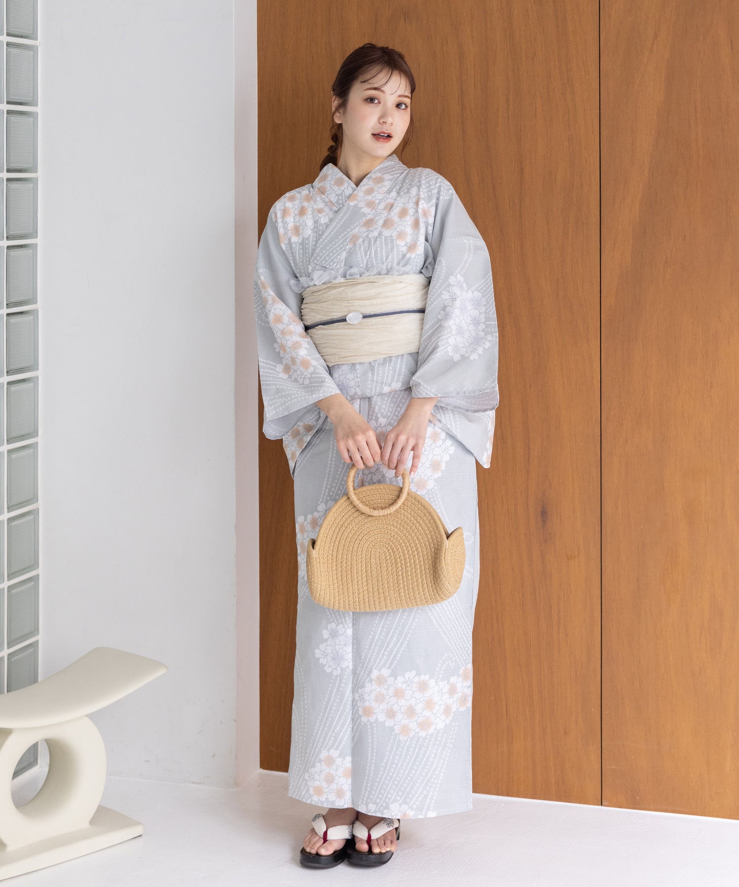 こだわり浴衣5点セット (浴衣/帯/下駄/腰紐/着付け冊子) 変わり織生地 ライトブルー