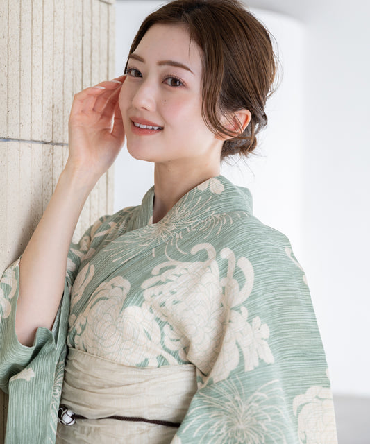若草色に乱菊 こだわり浴衣5点セット (浴衣/帯/下駄/腰紐/着付け冊子)