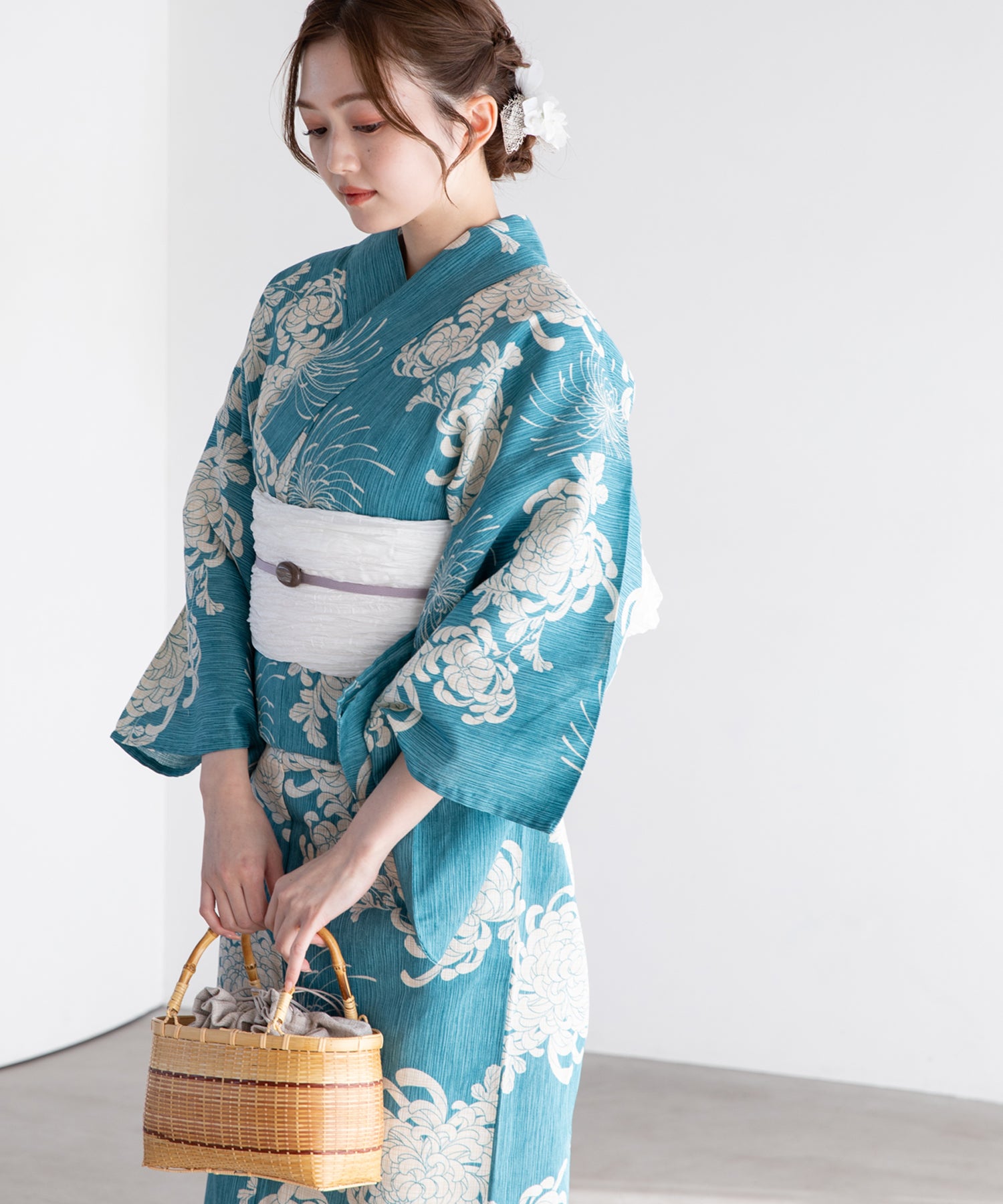 浴衣　着物　高級　浴衣・帯リボン2点セット 乱菊 薄藍の乱菊 こだわり浴衣5点セット (浴衣/帯/下駄/腰紐/着付け冊子