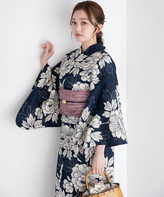 深紺に牡丹 こだわり浴衣5点セット (浴衣/帯/下駄/腰紐/着付け冊子)