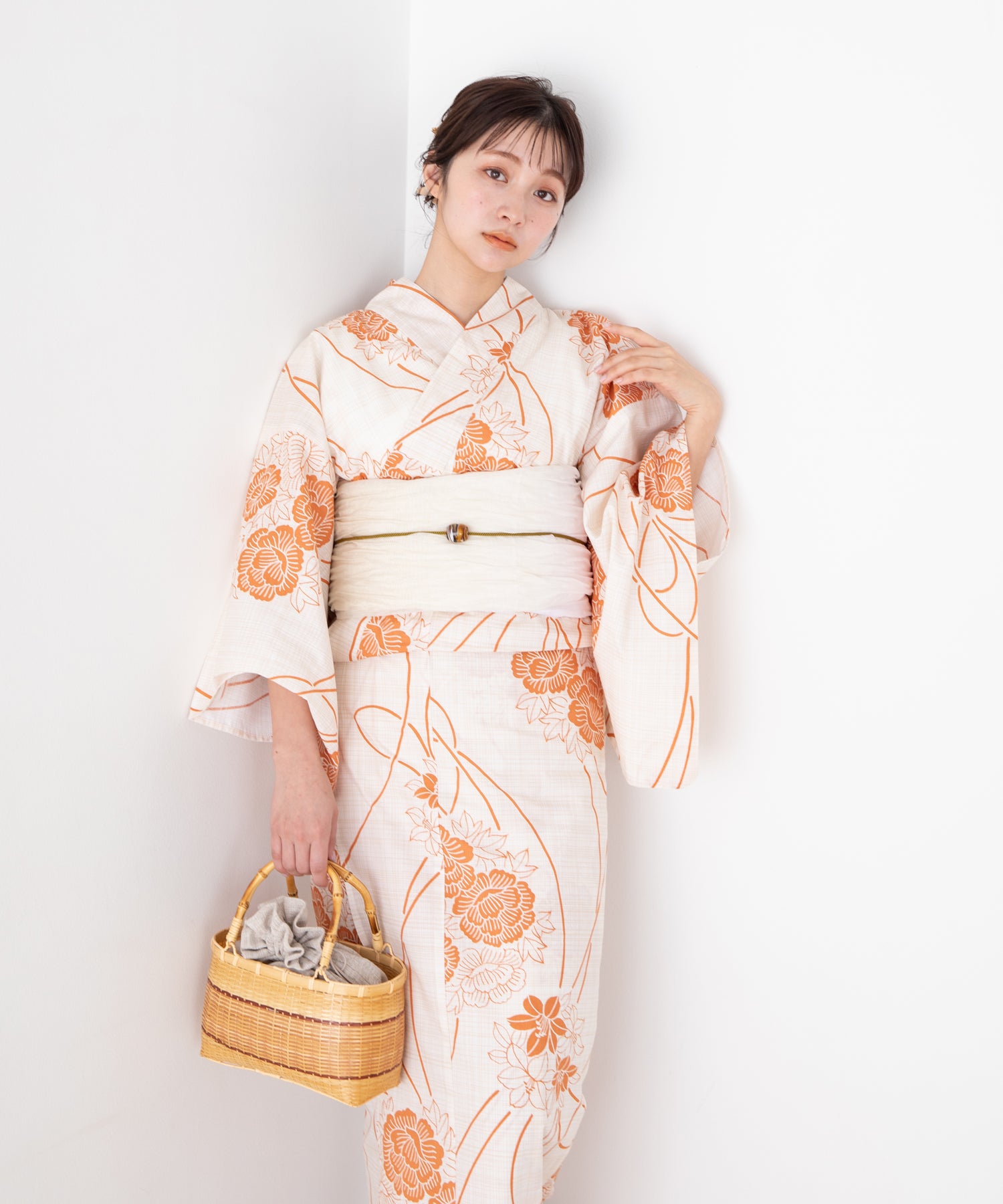 淡橙の花あそび こだわり 浴衣 5点セット (浴衣/帯/下駄/腰紐/着付け