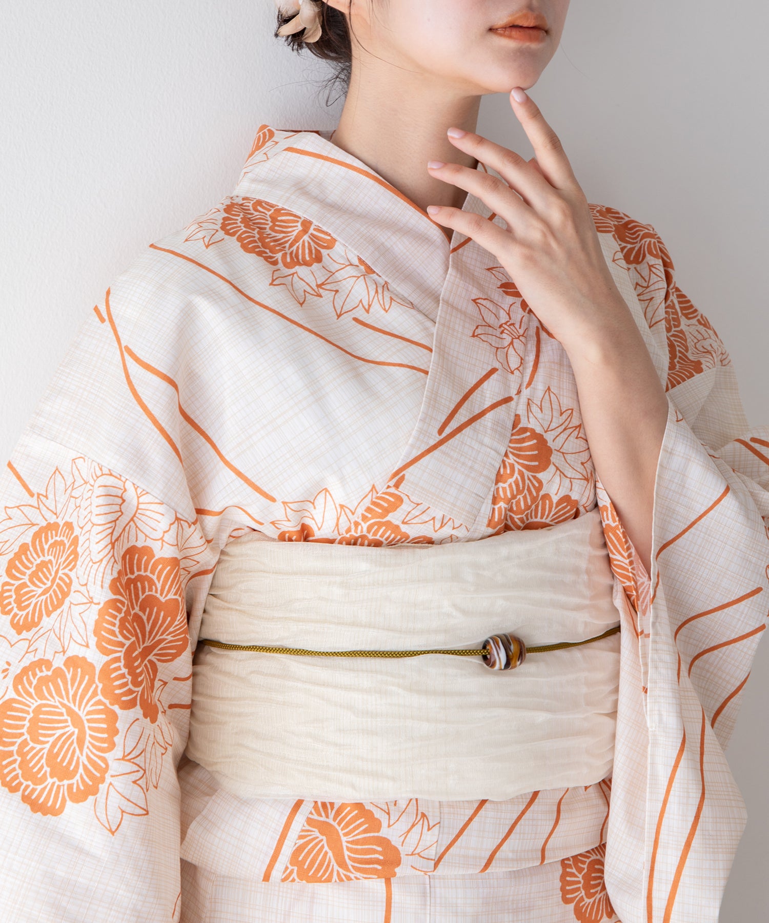 淡橙の花あそび こだわり 浴衣 5点セット (浴衣/帯/下駄/腰紐/着付け