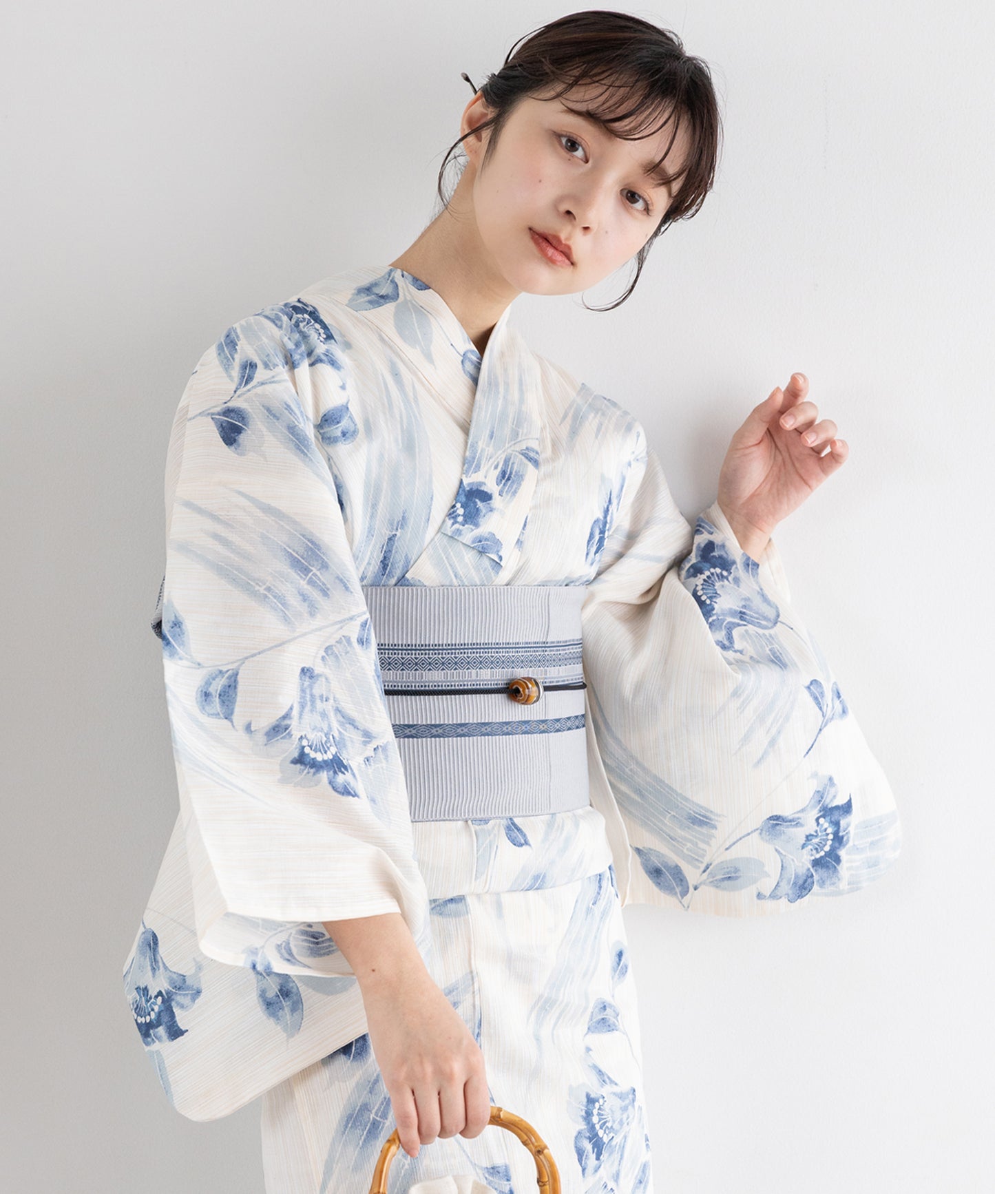 水影に花 こだわり浴衣5点セット (浴衣/帯/下駄/腰紐/着付け冊子) 麻混 綿麻 楊柳生地