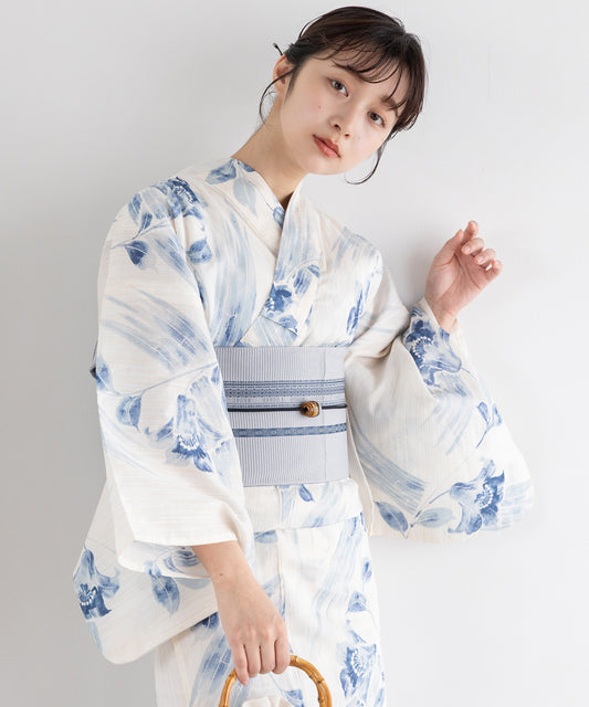 水影に花 こだわり浴衣5点セット (浴衣/帯/下駄/腰紐/着付け冊子) 麻混 綿麻 楊柳生地