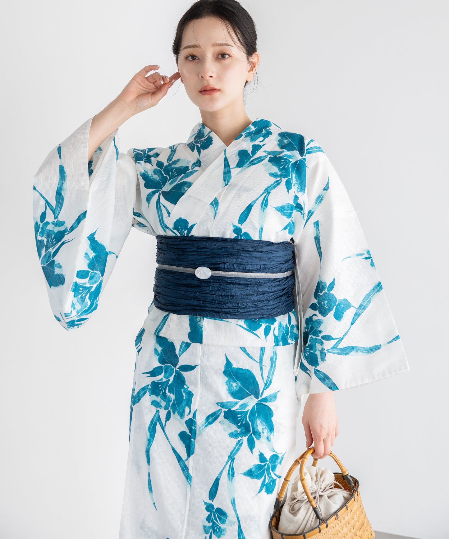 水彩のあやめ こだわり浴衣5点セット (浴衣/帯/下駄/腰紐/着付け冊子) 麻混 綿麻 楊柳生地