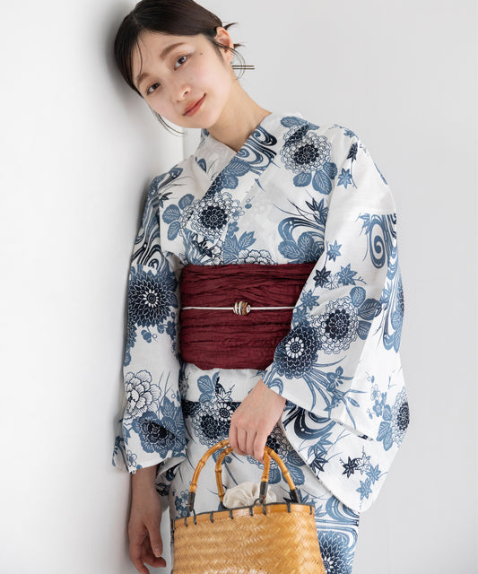 観世水の花散らし こだわり浴衣5点セット (浴衣/帯/下駄/腰紐/着付け冊子) 麻混 綿麻 楊柳生地
