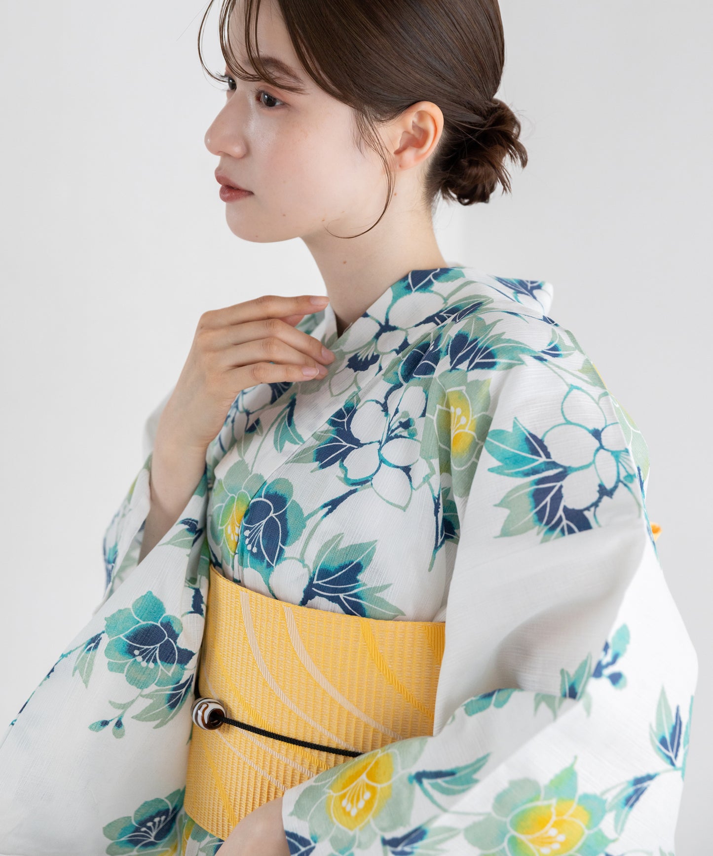 青花淡黄 こだわり浴衣5点セット (浴衣/帯/下駄/腰紐/着付け冊子) 麻混 綿麻 楊柳生地