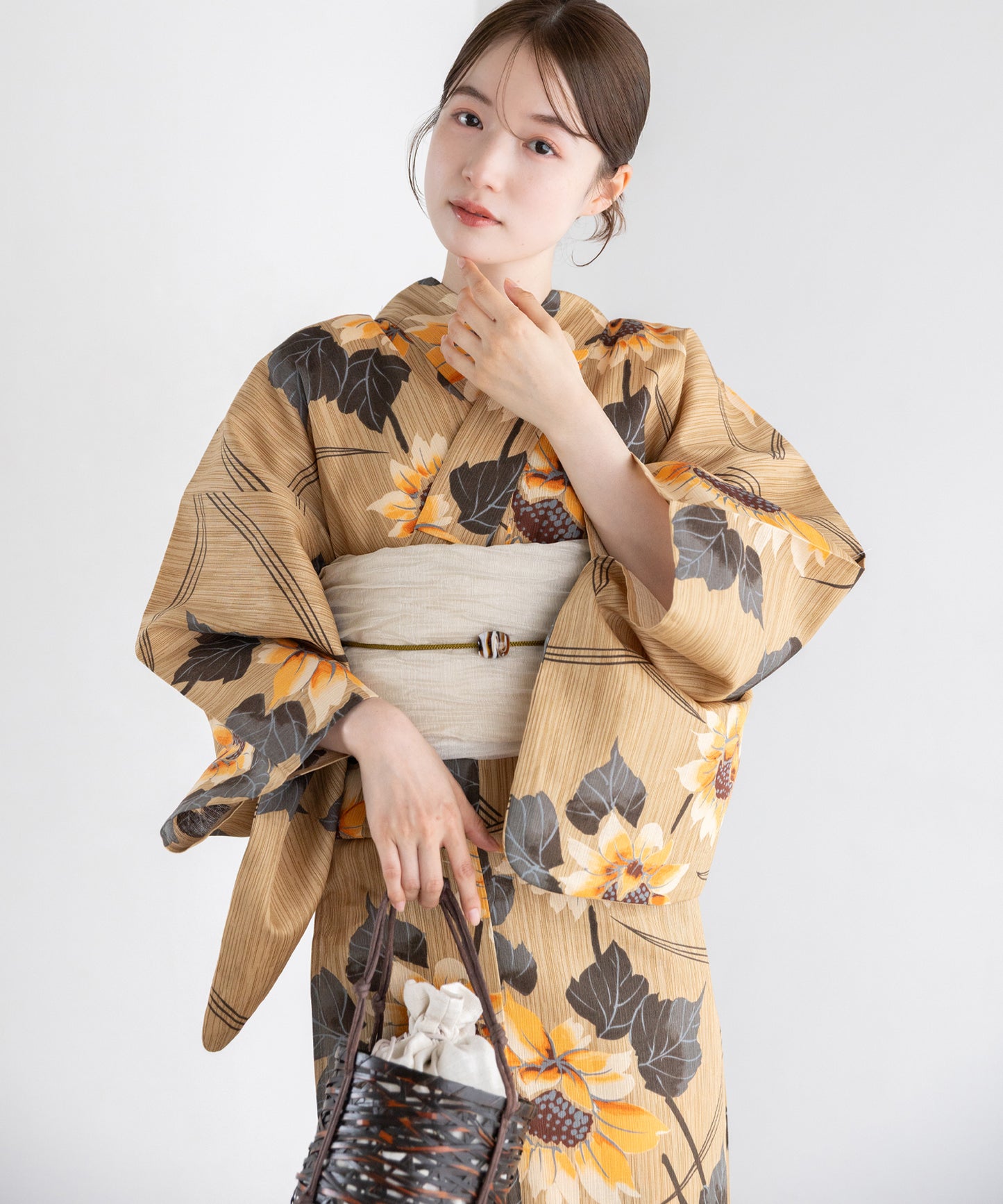 向日葵古景 こだわり浴衣5点セット (浴衣/帯/下駄/腰紐/着付け冊子) 麻混 綿麻 楊柳生地