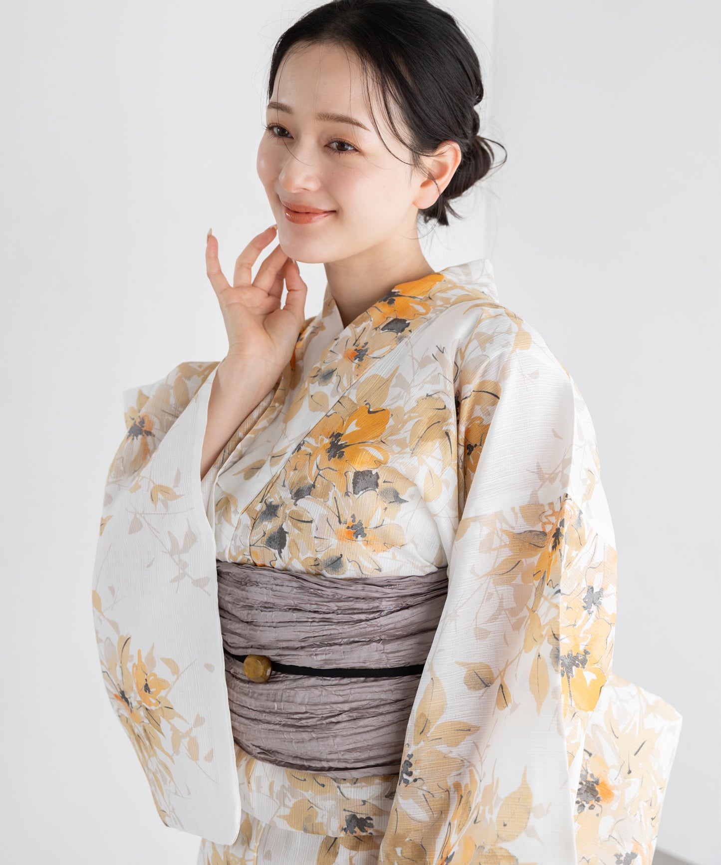 淡花の重ね こだわり浴衣5点セット (浴衣/帯/下駄/腰紐/着付け冊子) 麻混 綿麻 楊柳生地