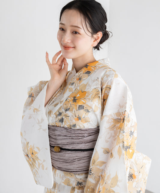 淡花の重ね こだわり浴衣5点セット (浴衣/帯/下駄/腰紐/着付け冊子) 麻混 綿麻 楊柳生地