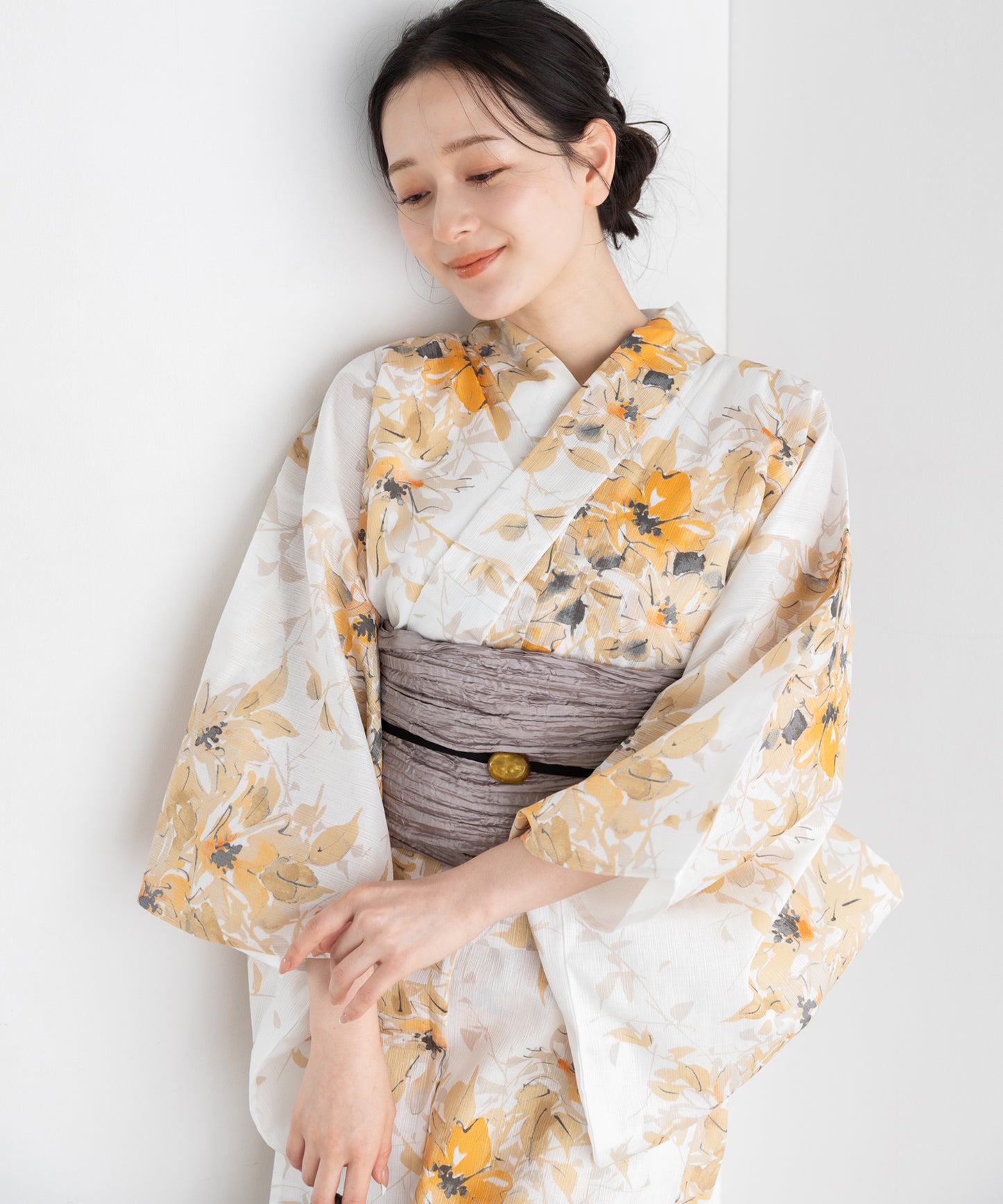 淡花の重ね こだわり浴衣5点セット (浴衣/帯/下駄/腰紐/着付け冊子) 麻混 綿麻 楊柳生地