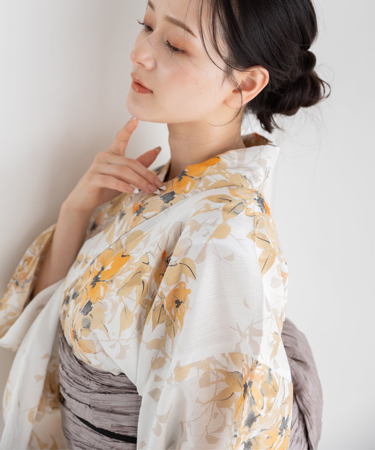淡花の重ね こだわり浴衣5点セット (浴衣/帯/下駄/腰紐/着付け冊子) 麻混 綿麻 楊柳生地