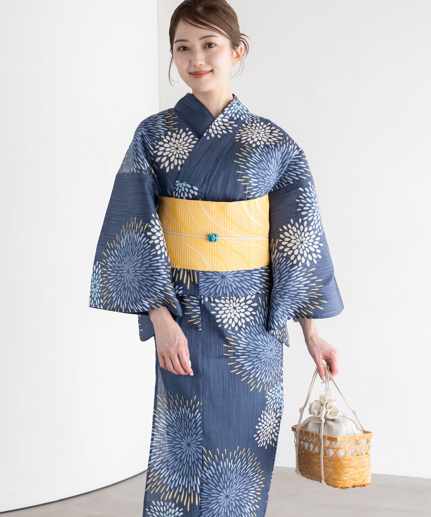 藍景の花火 こだわり浴衣5点セット (浴衣/帯/下駄/腰紐/着付け冊子) 麻混 綿麻 楊柳生地