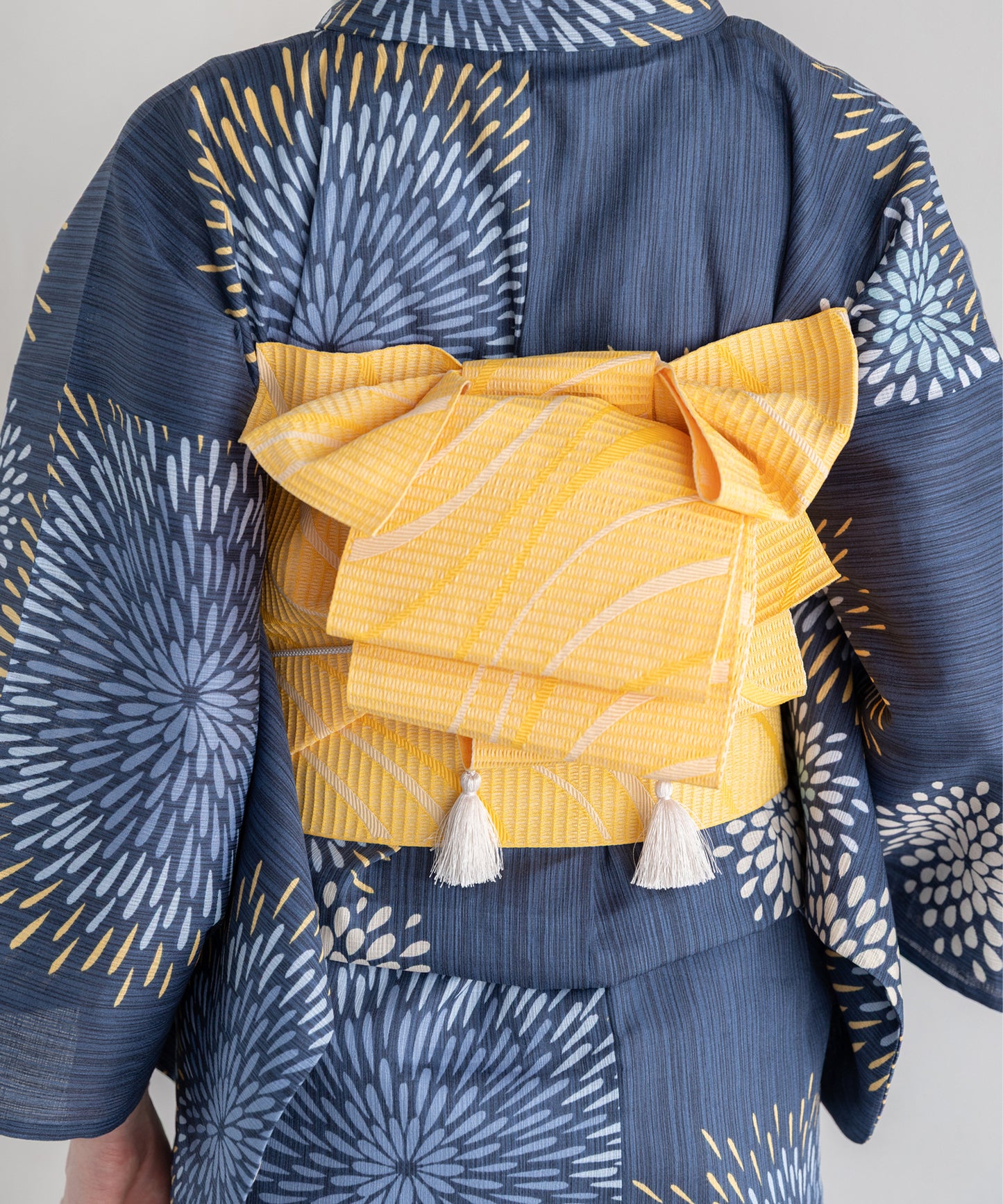 藍景の花火 こだわり浴衣5点セット (浴衣/帯/下駄/腰紐/着付け冊子) 麻混 綿麻 楊柳生地