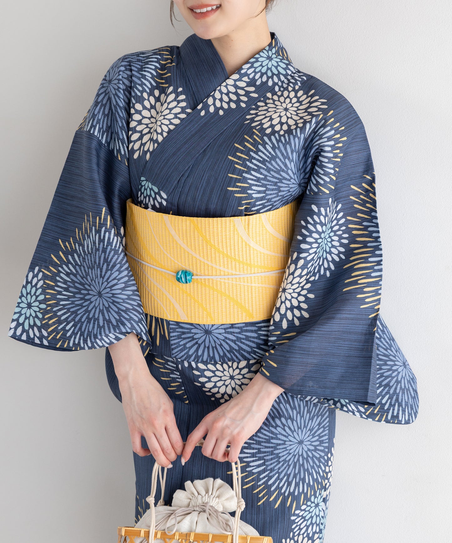 藍景の花火 こだわり浴衣5点セット (浴衣/帯/下駄/腰紐/着付け冊子) 麻混 綿麻 楊柳生地