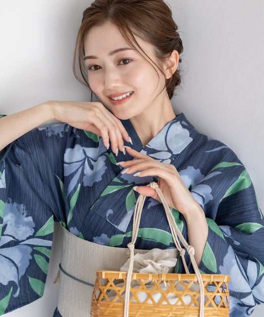 宵のあやめ こだわり浴衣5点セット (浴衣/帯/下駄/腰紐/着付け冊子) 麻混 綿麻 楊柳生地
