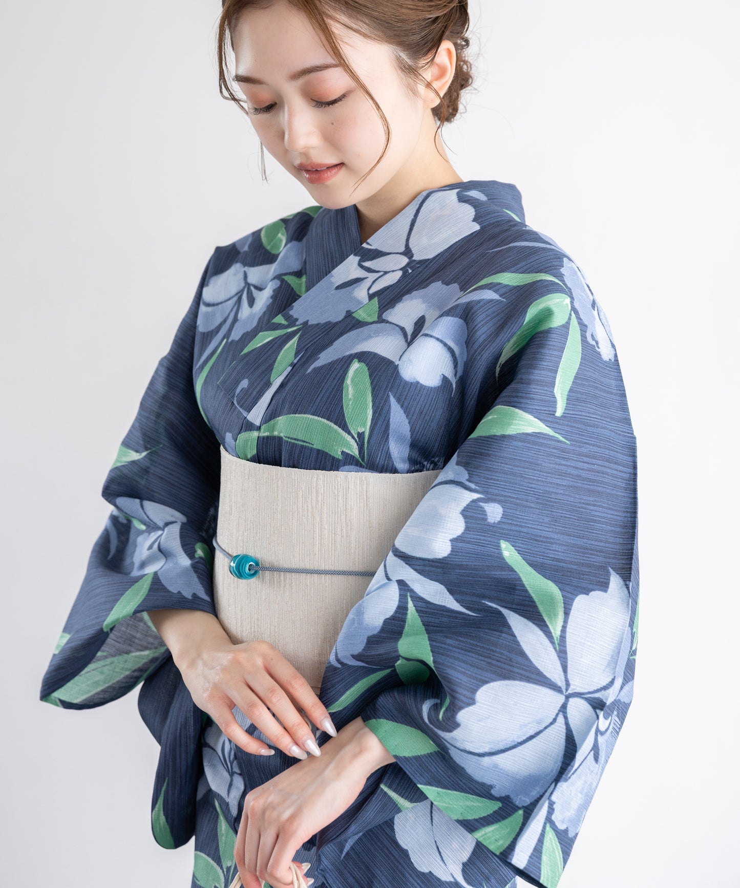 宵のあやめ こだわり浴衣5点セット (浴衣/帯/下駄/腰紐/着付け冊子) 麻混 綿麻 楊柳生地