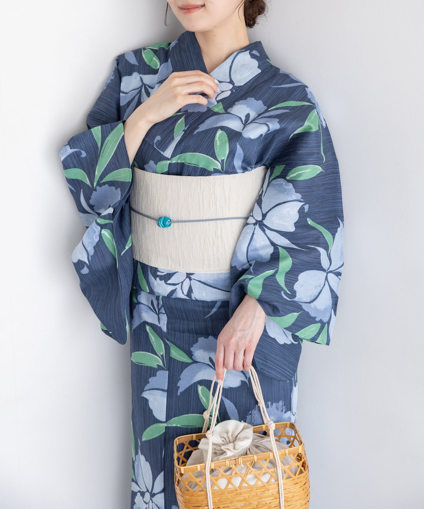 宵のあやめ こだわり浴衣5点セット (浴衣/帯/下駄/腰紐/着付け冊子) 麻混 綿麻 楊柳生地