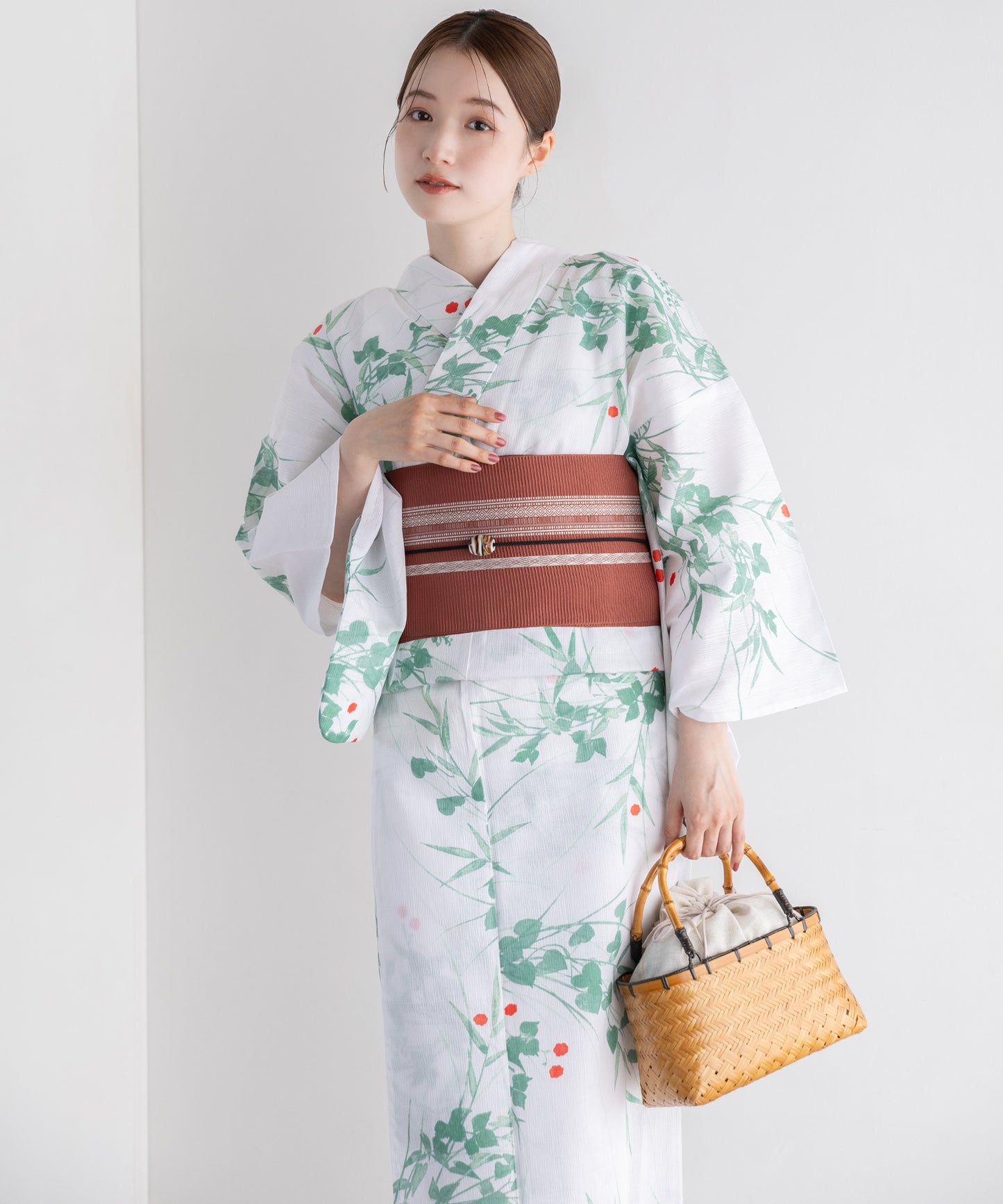 涼の夏実花 こだわり浴衣5点セット (浴衣/帯/下駄/腰紐/着付け冊子) 麻混 綿麻 楊柳生地