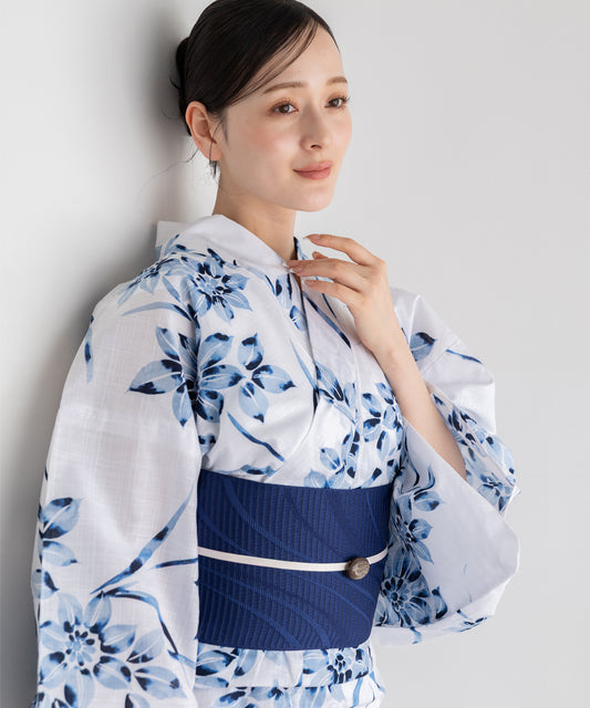 涼淡の藍花 こだわり浴衣5点セット (浴衣/帯/下駄/腰紐/着付け冊子) 変わり織生地