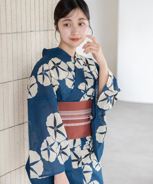 古典朝顔 こだわり浴衣5点セット (浴衣/帯/下駄/腰紐/着付け冊子) 麻混 綿麻