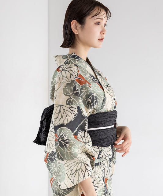 弁柄に夏の葉 こだわり浴衣5点セット (浴衣/帯/下駄/腰紐/着付け冊子) 麻混 綿麻