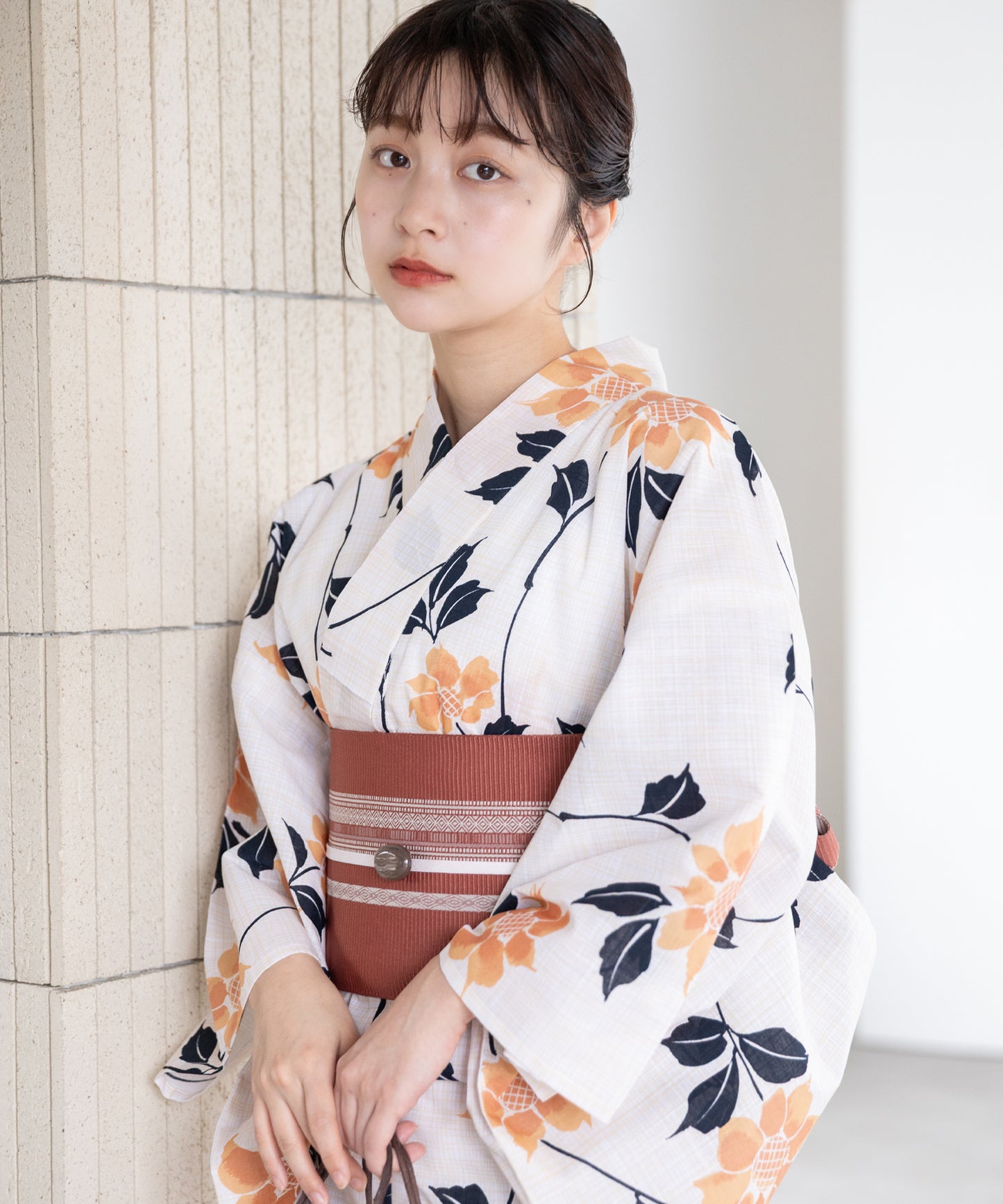 橙花の調べ こだわり浴衣5点セット (浴衣/帯/下駄/腰紐/着付け冊子) 変わり織生地