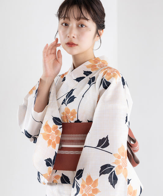 橙花の調べ こだわり浴衣5点セット (浴衣/帯/下駄/腰紐/着付け冊子) 変わり織生地