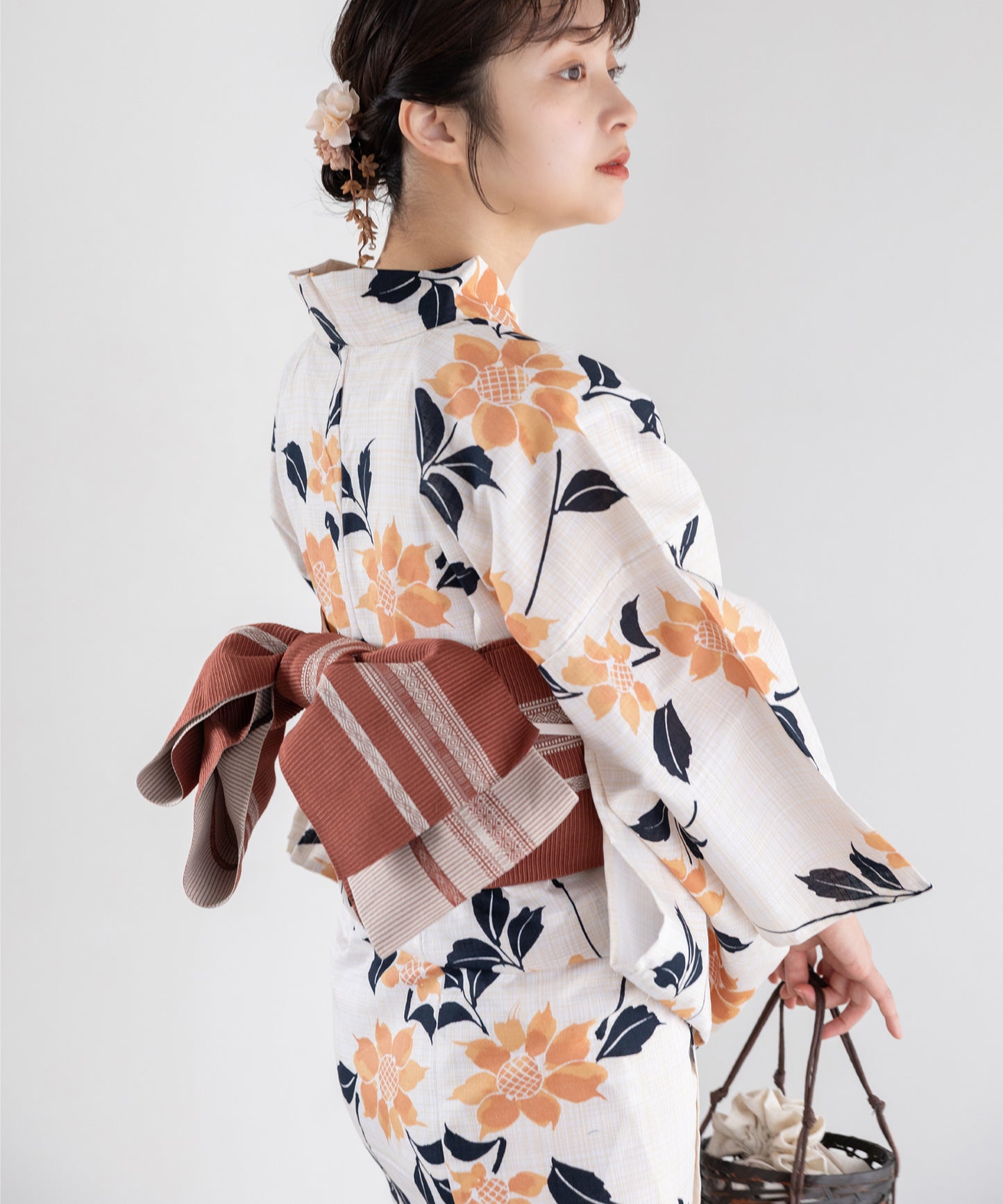 橙花の調べ こだわり浴衣5点セット (浴衣/帯/下駄/腰紐/着付け冊子) 変わり織生地
