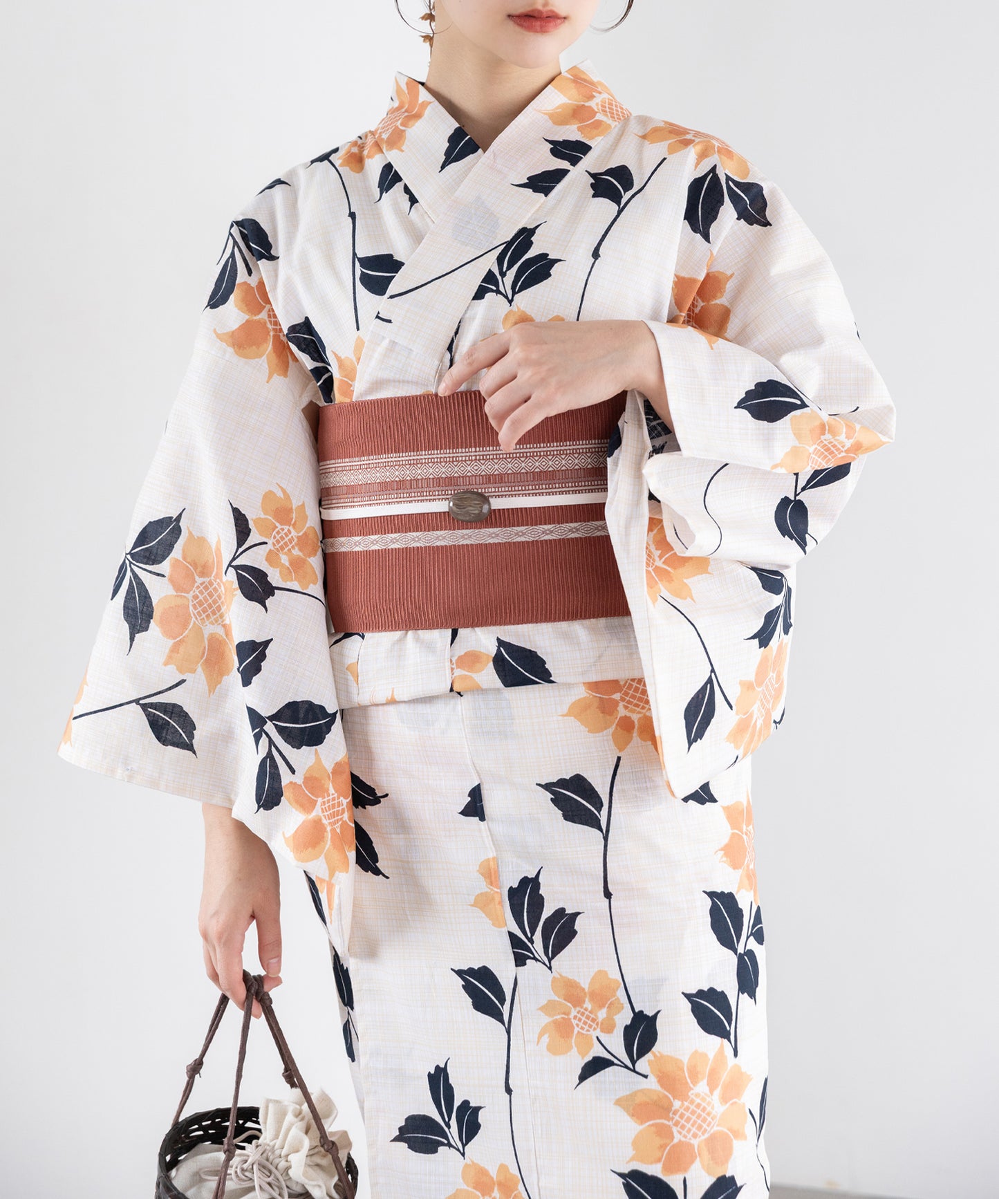 橙花の調べ こだわり浴衣5点セット (浴衣/帯/下駄/腰紐/着付け冊子) 変わり織生地